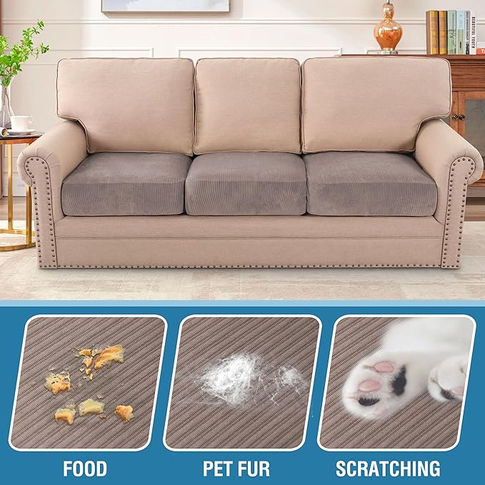 H.VERSAILTEX Velvet Stretch Couch Cushion Cover Plush Cushion Slipcover for Chair Loveseat Sofa Cushion Furniture Protector Seat Cushion Sofa Cover (3 Piece Sofa Cushion Covers, Taupe Striped)-Ruum Studio Home