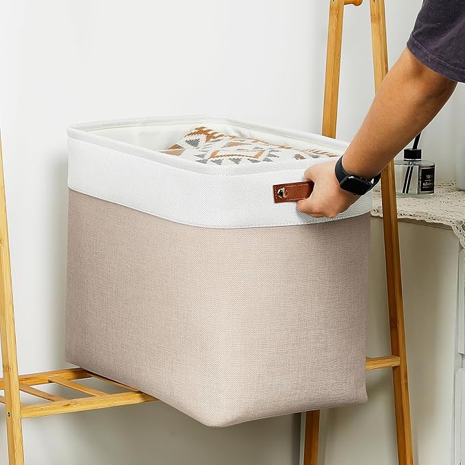 DULLEMELO Large Storage Baskets for Organizing, Canvas Storage Bins Big Baskets With Handles for Shelf Clothes Empty Gift Basket (White&Khaki)-Ruum Studio Home