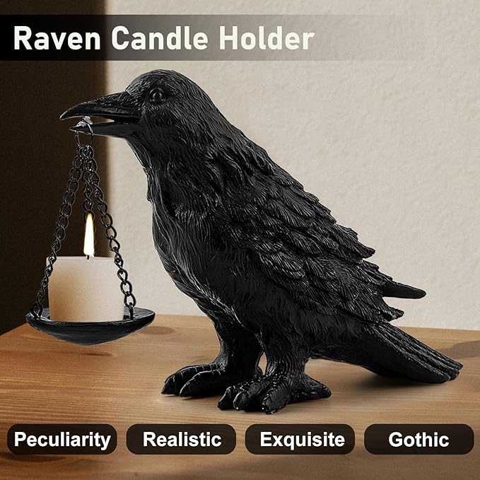 Gothic Home Decor Fake Crow Light Holder Halloween Decorations Indoor Raven Lamp Tealight Candle Holder Resin Statue Black-Ruum Studio Home