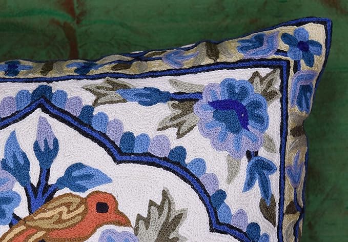 Blue Tree of Life Pillow Cover Blues Birds Floral Decorative Pillowcase Flower Outdoor Suzani Cushion Needlepoint Hand Embroidered Wool Size - 18x18-Ruum Studio Home