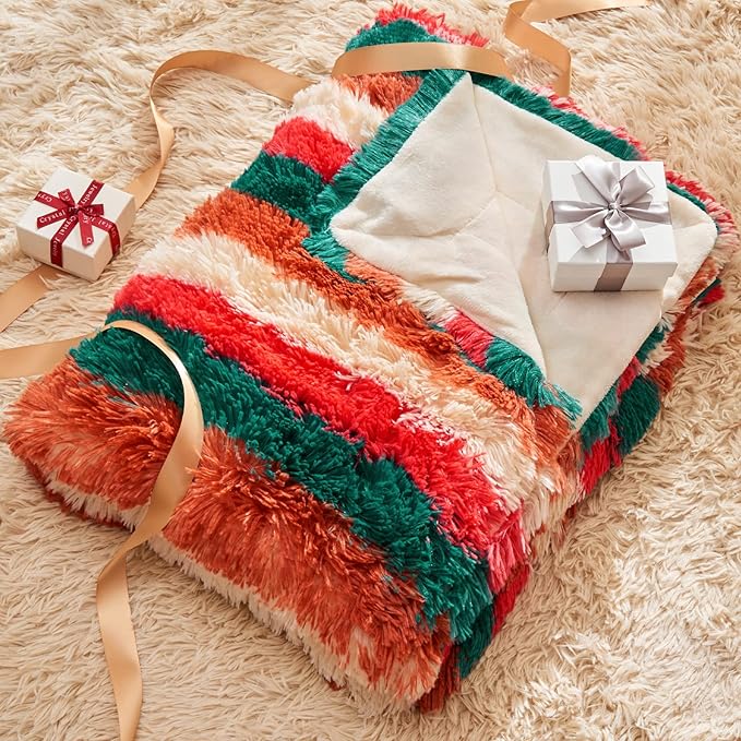 GONAAP Fuzzy Faux Fur Throw Blanket Stripe Red Brown Super Soft Cozy Plush Fuzzy Shaggy Blanket for Couch Sofa Bed (Stripe Red Brown, Throw(50"x60"))-Ruum Studio Home