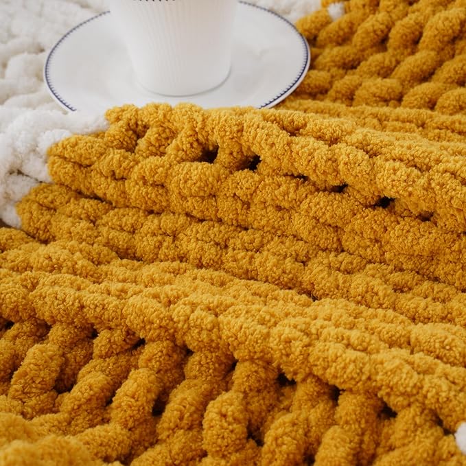 Battilo Chunky Knit Throw Blanket, Soft and Thick Chenille Throw Blanket, 50"x60" Handmade Cable Knit Crochet Blanket, Large Rope Knot Throw Blankets for Couch Sofa Bed Home Decor, Yellow & White-Ruum Studio Home