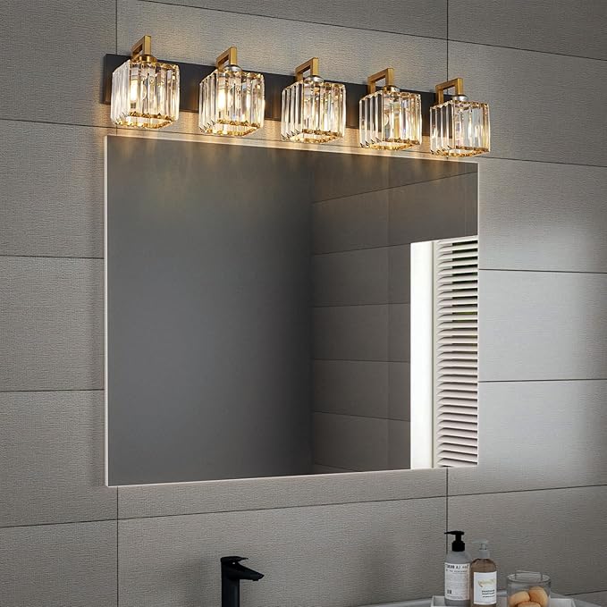 Modern Bathroom Vanity Light 5-Lights Black Gold Crystal Wall Lamp Bathroom Modern Crystal Vanity Lighting-Ruum Studio Home