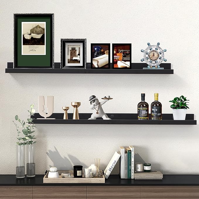 Black Floating Shelves 36 Inch Modern Picture Frame Shelf for Wall Picture Ledge Shelves with Lip Wooden Book Toy Shelves Set of 2 Bathroom Shelf Organizer for Living Room Bedroom Kitchen Wall Decor-Ruum Studio Home