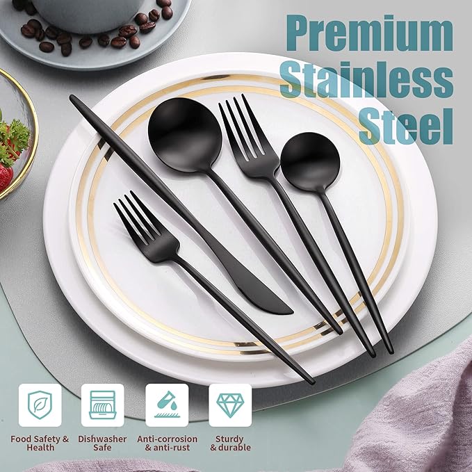 Matte Black Silverware Set for 8,Modern Stainless Steel Brushed Cutlery Set,40-Pieces Heavy Duty Flatware Set,Knives Spoons and Forks Set Utensils Set, Satin Finish, Dishwasher Safe-Ruum Studio Home