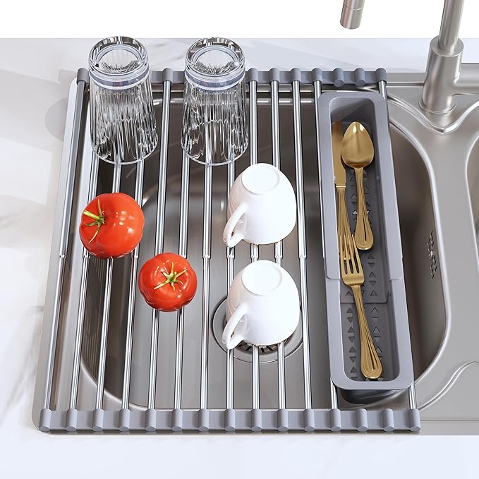 Roll Up Dish Drying Rack, Expandable (12.8"-23.8" D x 12.8" W) Stainless Steel Portable Drainer for Kitchen Sink Counter, Foldable Over The Sink Cover with Removable Utensil Holder-Ruum Studio Home