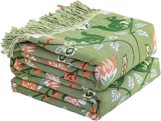 Boho Ultra Soft Throw Blanket 60''x80',100% Cotton Blankets for Couch Bed,Squirrel Farmhouse Home Decor Bed Blankets, All Season Rustic Reversible Bohemian Lightweight Throw for Bed -Light Green ﻿-Ruum Studio Home