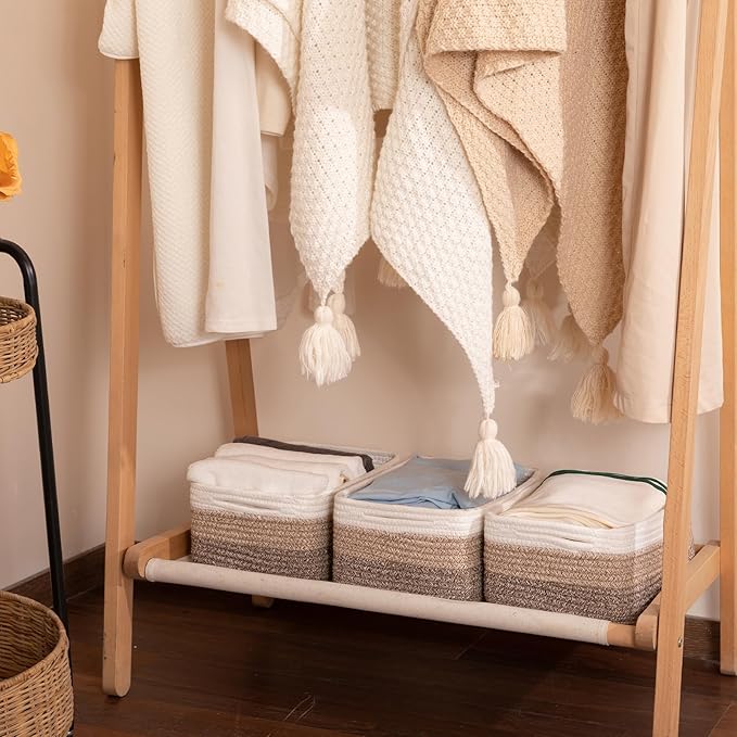 3 Pack Small Storage Baskets for Organizing, Cute Woven Decorative Gift Baskets for Shelves, Mini Closet Organizer Bins with Handles-13''Lx8.66''Wx5.11''H-Brown White-Ruum Studio Home