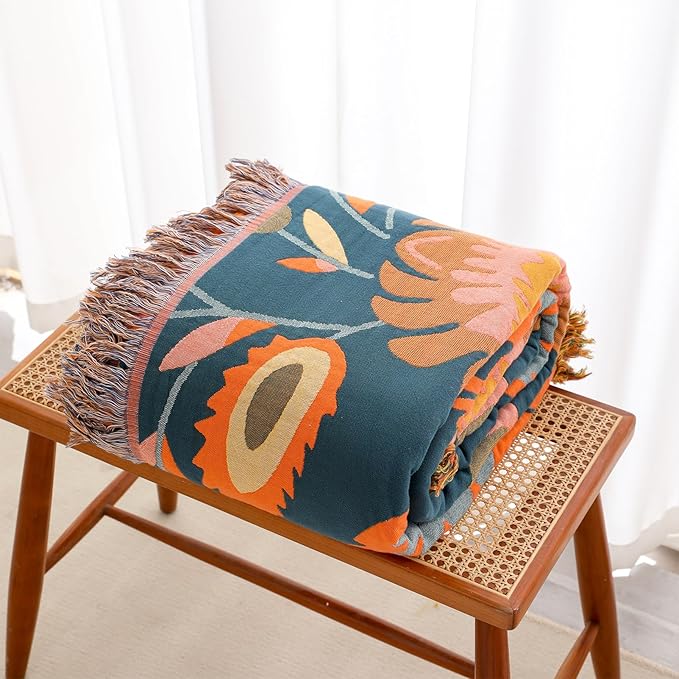 Snycler Boho Throw Blanket for Bed, 100% Organic Cotton Muslin Soft Throw-Orange Boho Floral Farmhouse Rustic Spring Summer Fall Decor Blanket for Couch Sofa Quilt and Gift, 60" x 80"-Ruum Studio Home