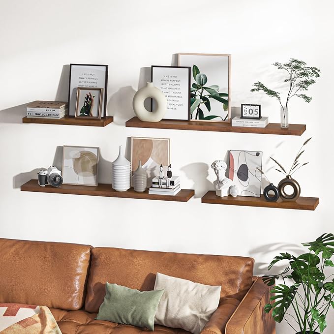 Fun Memories Farmhouse Floating Shelves - 8 Inch Deep Rustic Wood Wall Shelf - Premium Solid Pine Wood Storage Shelf for Kitchen Living Room Bedroom - 30" W x 8" D - Set of 2 - American Walnut-Ruum Studio Home