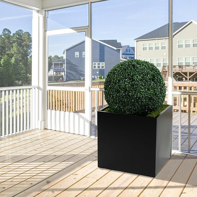 Kozyard 20'' Cube Metal Planter Steel Planter Box Black Steel Flower Pot with Saucer Partition Panel for Trees Plants Flowers Indoor Outdoor Garden Patio Deck Yard-Ruum Studio Home