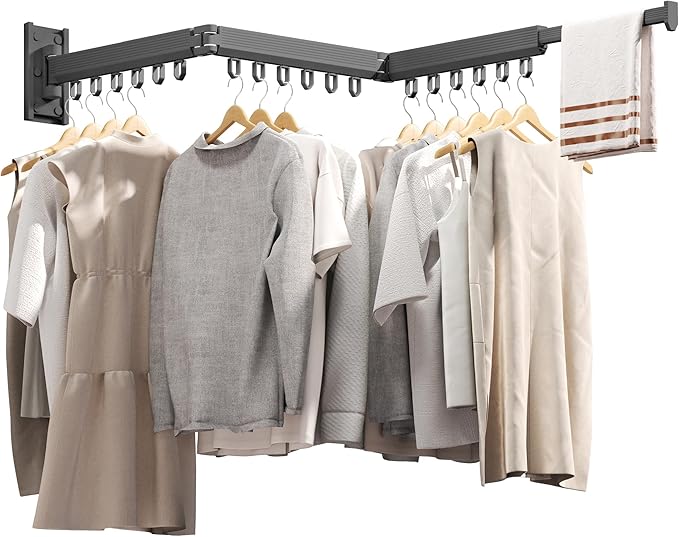 Grey Color Laundry Rack - Wall Mounted, Collapsible Clothes Drying Rack With Loop-type Hooks-Ruum Studio Home