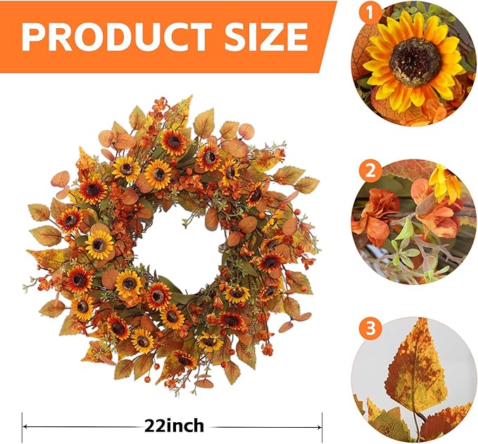 22 inch Artificial Fall Wreaths for Front Door,Autumn Wreath with Eucalyptus Leaves and Chrysanthemum Suitable for Indoor Outdoor Harvest Festival Thanksgiving Day Farmhouse Holiday Decor.-Ruum Studio Home