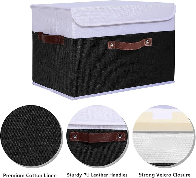 ANMINY 4PCS Storage Boxes with Lid Washable Decorative Storage Bins Basket with PU Leather Handle Foldable Linen Fabric Storage Cubes Containers for Home Closet Organizer - Black White, Large Size-Ruum Studio Home