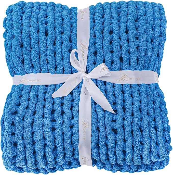 Bigacogo Chunky Knit Throw Blanket for Couch, 51x63 inches, 100% Hand Knitted with Thick Jumbo Chenille Yarn, Cozy Soft Large Rope Knot Cable Crochet Blankets for Sofa Bed Living Room, Bright Blue-Ruum Studio Home