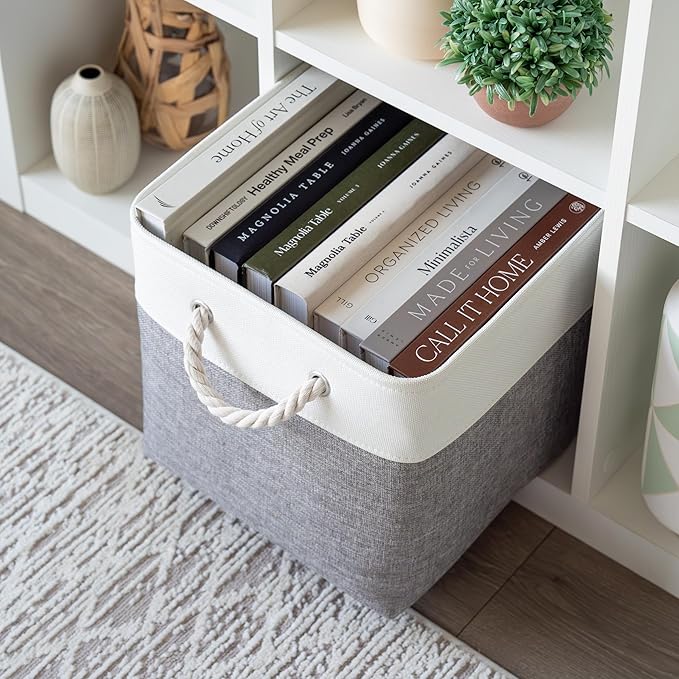 OrganiHaus 12x12 Cube Storage Bins 4 Pack, Foldable Cube Storage Organizer w/ Rope Handles, Collapsible Fabric Bins for Toys, Clothes & Closet Organization, Fabric Square Baskets - Gray/White-Ruum Studio Home
