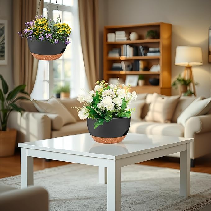 2 Pack 12 Inch Large Hanging Planters with Chains Self Watering Black Brown Plastic Hanging Pots for Indoor Outdoor Plants, Garden Porch Home Decor，Black Brown-Ruum Studio Home