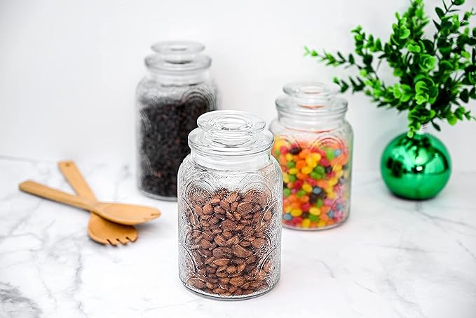 Le'raze Food Storage Containers with Airtight Lids - Retro Design - Pantry Organization, Glass Canisters Storage for Cookies, Tea, Sugar, Candy Jars, Sugar Packet, Set of 3-Ruum Studio Home