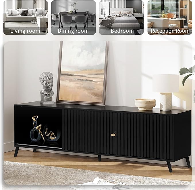 Mid Century Modern TV Stand for Televisions up to 70 Inches, with Sliding Doors and Storage, Television Stands, TV Consoles, Media Consoles for Living Room, 63 Inch (Black)-Ruum Studio Home