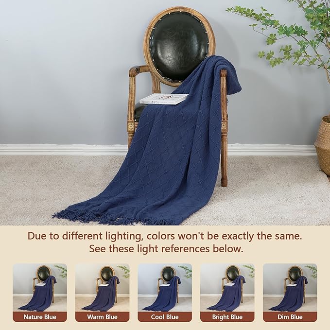 inhand Navy Blue Throw Blanket for Couch and Bed, Soft Living Room Home Decor Knitted Twin Size Blanket, Outdoor Lightweight Breathable Summer Blanket, Farmhouse Warm Woven Decorative, 60"x80"-Ruum Studio Home