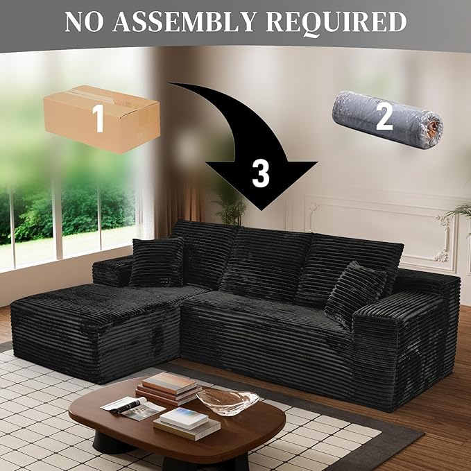 Modular Sectional Sofa Cloud Sectional Couch, 107" Comfy Fluffy L Shaped Black Couches for Living Room, Deep Seat Memory Foam Plush Corduroy Boneless Couch Sectionals with Left Facing Chaise Sofa-Ruum Studio Home