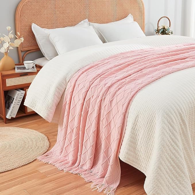 inhand Knitted Gift Throw Blankets for Couch and Bed,Valentines Day Decor Blanket for Her Him Girlfriend Wife, Pink Romatic Lightweight Decorative with Tassel, Farmhouse Warm Woven for Women, 50"x60"-Ruum Studio Home