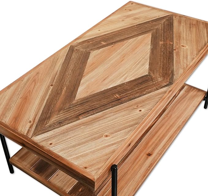 CONSDAN StoneCreek Coffee Table, Solid Fir Wood & Metal Frame, 2-Tier Industrial Farmhouse Table for Living Room/Office, 44" Rectangular Table-Ruum Studio Home