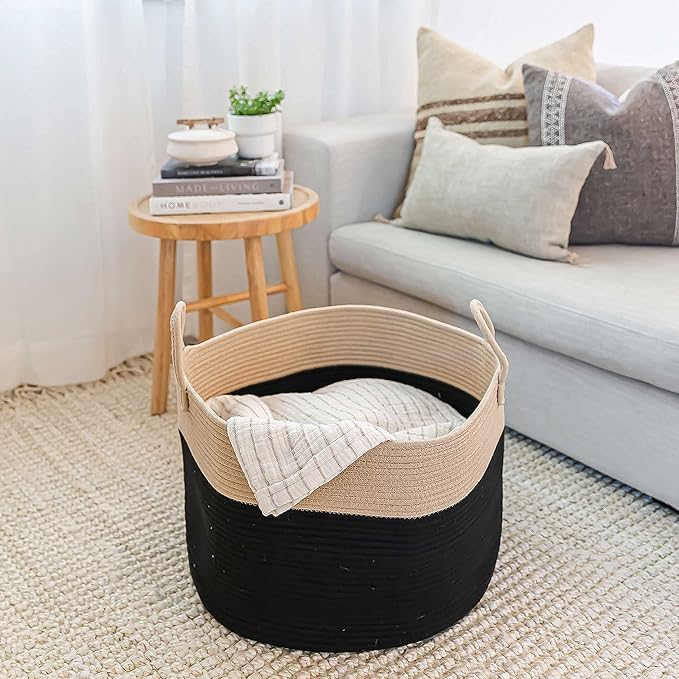 OrganiHaus Woven Laundry Basket, Large Cotton Rope Blanket Holder with Handles, Soft & Sturdy Nursery Hamper, Decorative Toy Bin for Living Room Organization 20x13 inches - Black/Honey-Ruum Studio Home