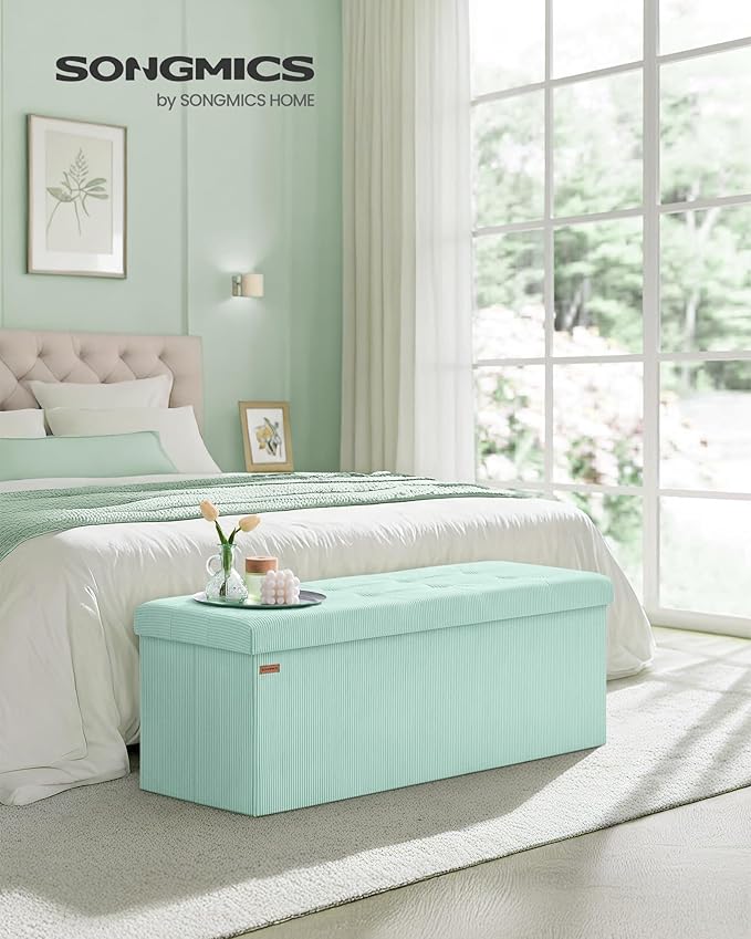 SONGMICS MAZIE Collection - Storage Ottoman Bench, Foldable Foot Rest, 15 x 43 x 15 Inches, End of Bed Bench, Storage Chest, Load 660 lb, Living Room, Bedroom, Entryway, Moonlight Green ULSF604C01-Ruum Studio Home