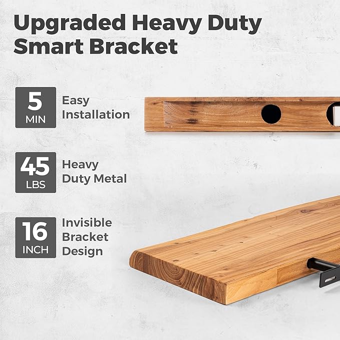 RICHFOCUS Live Edge Elm Floating Shelves - 30" W x 9.3" D Rustic Solid Wood Wall Shelves with Invisible Bracket, Wall-Mounted for Living Room, Bedroom, Kitchen Storage & Display, Set of 2, Natural-Ruum Studio Home