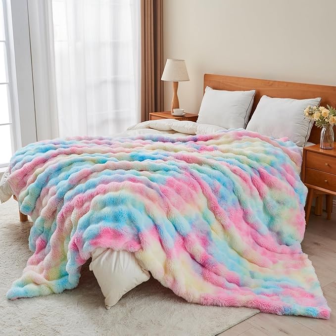 RYNGHIPY Faux Fur Throw Blanket Tie Dye Colorful Rainbow Blanket for Couch Plush Fluffy Faux Rabbit Fur Decoration Blanket for Sofa Chair Bed (Rainbow, 63''x79'')-Ruum Studio Home