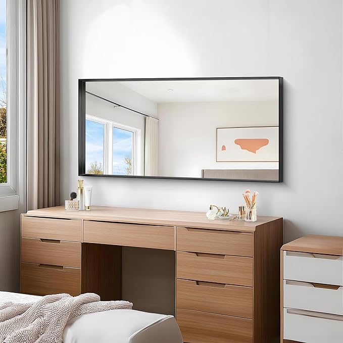 Black Bathroom Mirror, 24x48 Inch Rectangular Framed Mirror, Large Wall Mounted Bathroom Vanity Mirror Over Sink for Bedroom,Restroom, Living Room, Hangs Vertically or Horizontally-Ruum Studio Home