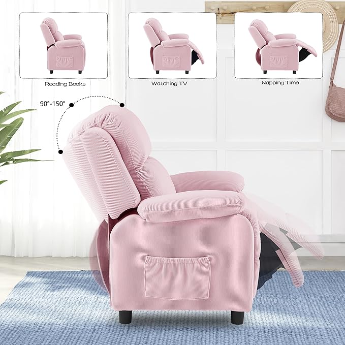 Ulax furniture Corduroy Kids Recliner Chair, Toddler Armrest Sofa Couch, Ergonomic Adjustable Lounge Sofa with Footrest, Padded Backrest, Storage Arms, Pink Recliner for Girls and Boys-Ruum Studio Home