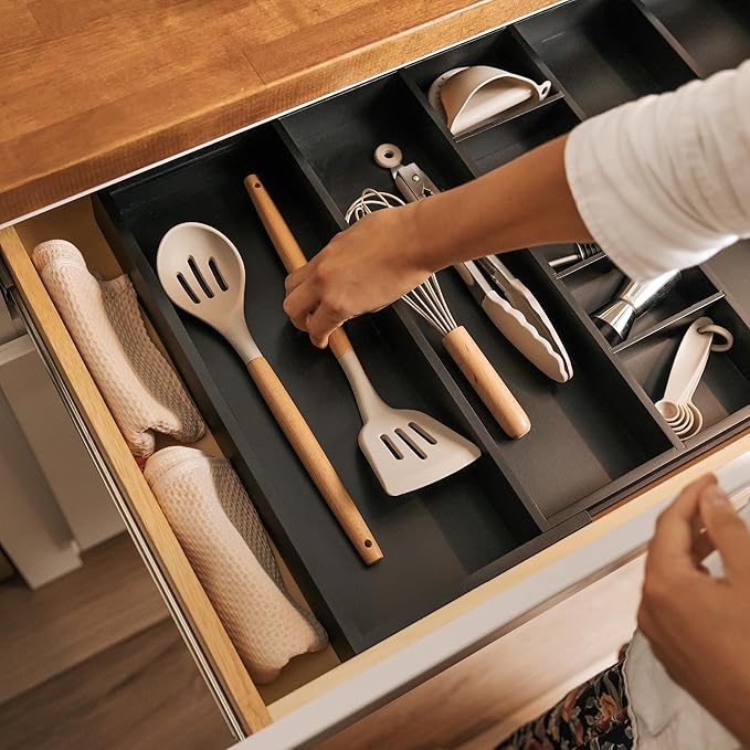 Adjustable Kitchen Drawer Organizer for Utensils and Junk, Food-Safe Contract Grade with 100% Sustainable Wood, Expandable from 16 to 28 Inches Wide - Black Bamboo-Ruum Studio Home