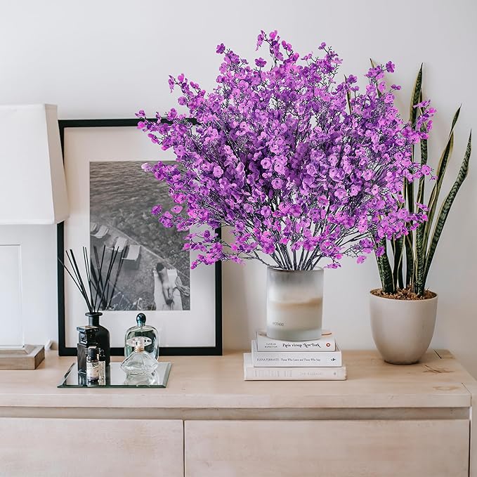 Sggvecsy 15 Pcs Babys Breath Artificial Flowers Gypsophila Bouquets Bulk Real Touch Fake Silk Flowers for Home Wedding DIY Floral Arrangement Kitchen Table Centerpiece Festival Decoration (Purple)-Ruum Studio Home