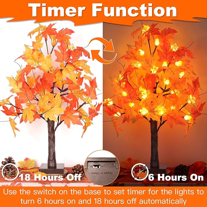 2 Pack 24 Inch Prelit Fall Maple Tree Fall Decor with 48 LEDs Timer Battery Operated Artificial Fall Light Up Tree Maple Acorn for Fall Thanksgiving Decorations Table Home Office Indoor Autumn Harvest-Ruum Studio Home