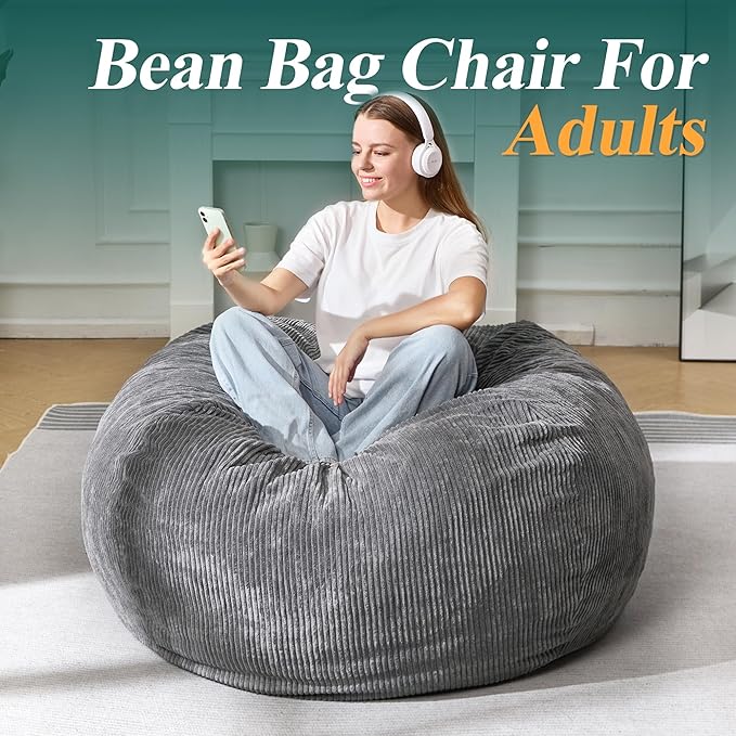 3.5FT Bean Bag Chairs Teardrop Bean Bag Chair for Adults Beanbag Chair with Memory Foam Filled Machine Washable Cover for Living Room, Bedroom (Large,Grey)-Ruum Studio Home