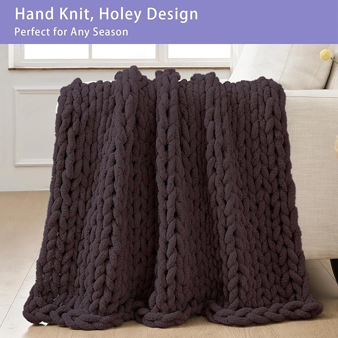 Bigacogo Chunky Knit Throw Blanket for Couch, 51x63 inches, 100% Hand Knitted with Thick Jumbo Chenille Yarn, Cozy Soft Large Rope Knot Cable Crochet Blankets for Sofa Bed Living Room, Chocolate-Ruum Studio Home