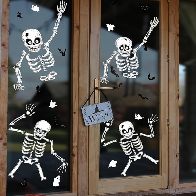 Halloween Window Skeleton Clings – 8 Sheets of Extra Large Cute and Scary Skeletons, Ghosts, and Bats for Home, School, Car Windows, Office, and Party Decor-Ruum Studio Home