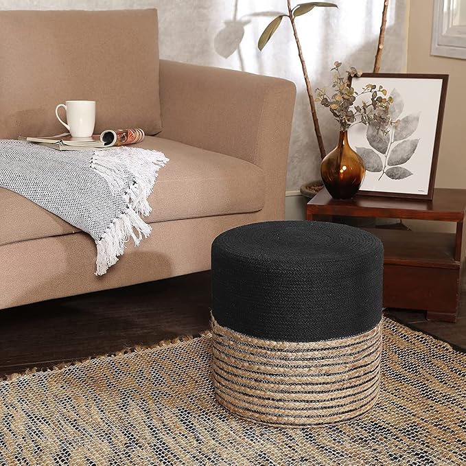 REDEARTH · Cylindrical Pouf Ottoman - Braided Pouffe Accent Sitting Round Footrest for Living Room, Bedroom, Nursery, kidsroom, Patio ; 70% Cotton 30% Jute, Set of 2 (14.5x14.5x16; Black Natural)-Ruum Studio Home