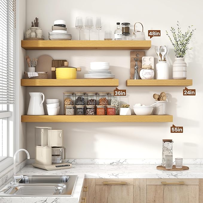 Heimlove 24 inch Floating Shelves for Wall,9.3 inch deep Bathroom Over Toilet Shelf,Wall Mounted Rustic Wood Shelves for,Bedroom,Living Room,Kitchen,Office Decor Set of 2-Oak Color-Ruum Studio Home