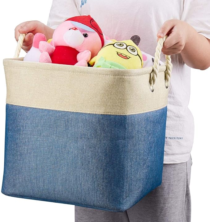 i BKGOO 3Pack Large Foldable Storage Bins，Collapsible Sturdy Cationic Fabric Organizing Storage Basket Cube with Cotton Handles for Home Office Shelf Clothes Toys Khaki-Blue 13×13×13 inch-Ruum Studio Home