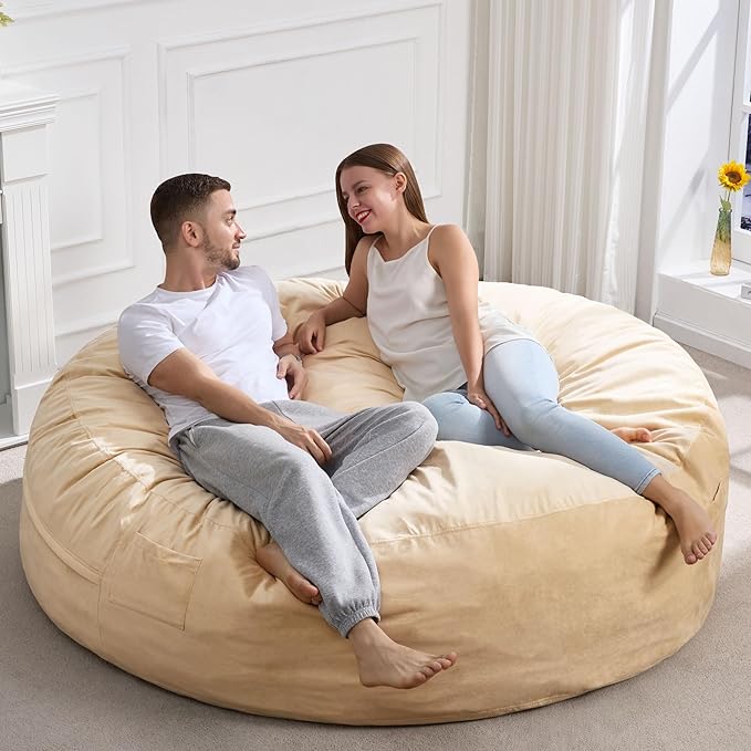Hobestluk 6FT Bean Bag Chair Bean Bag Chairs for Adults Giant Bean Chairs with Velvet Cover, Memory Foam BeanBag Chair Fluffy BeanBag Chairs for Living Room, Bedroom- Khaki (70" x 70" x 15")-Ruum Studio Home