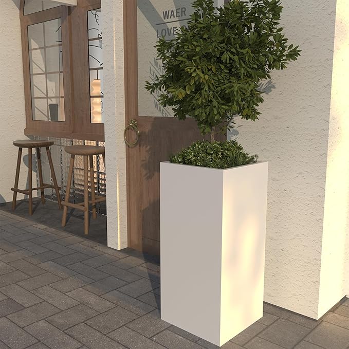 White Steel Metallic Heavy Planter for Outdoor Plants Box 14"x14"x30" Metal Planter Spliced Flower Pots with Partitions for Outside,Indoor,Garden (White, 14 * 14 * 30)-Ruum Studio Home