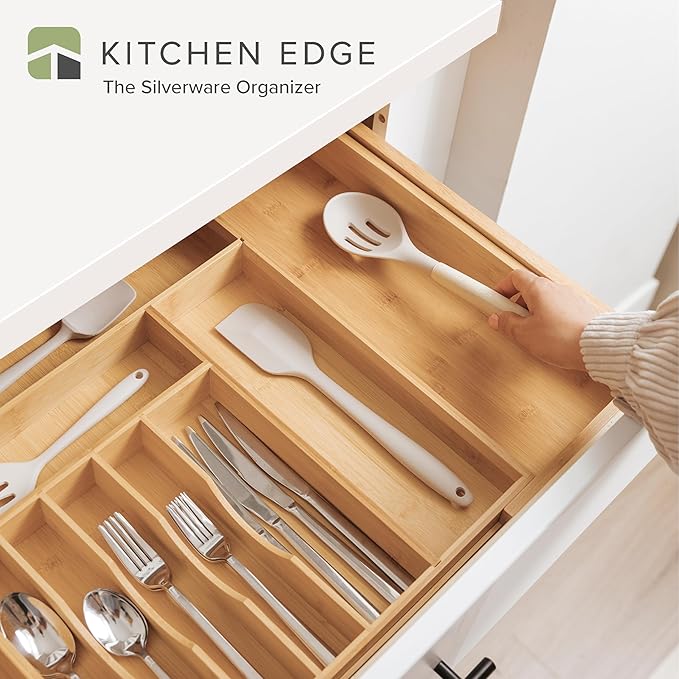 Premium Silverware, Flatware and Utensil Organizer for Kitchen Drawers, Food-Safe Contract Grade, Expandable from 16 to 28 In, Natural Bamboo-Ruum Studio Home