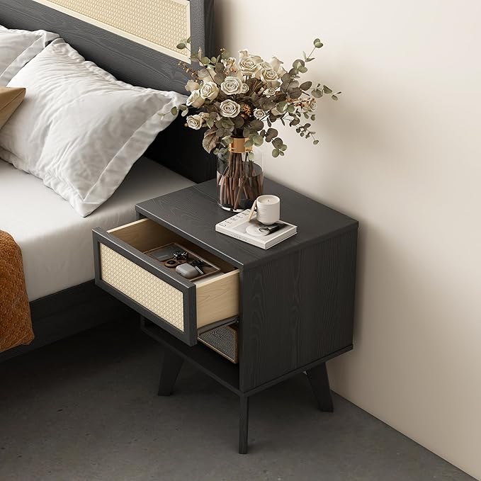 MUSEHOMEINC Nightstand, Boho Bedside Table with Rattan Drawer Open Shelf, Black Wooden Night Stand with Storage, Mid Century Modern End Table for Bedroom, Living Room,Dorm and Small Spaces-Ruum Studio Home