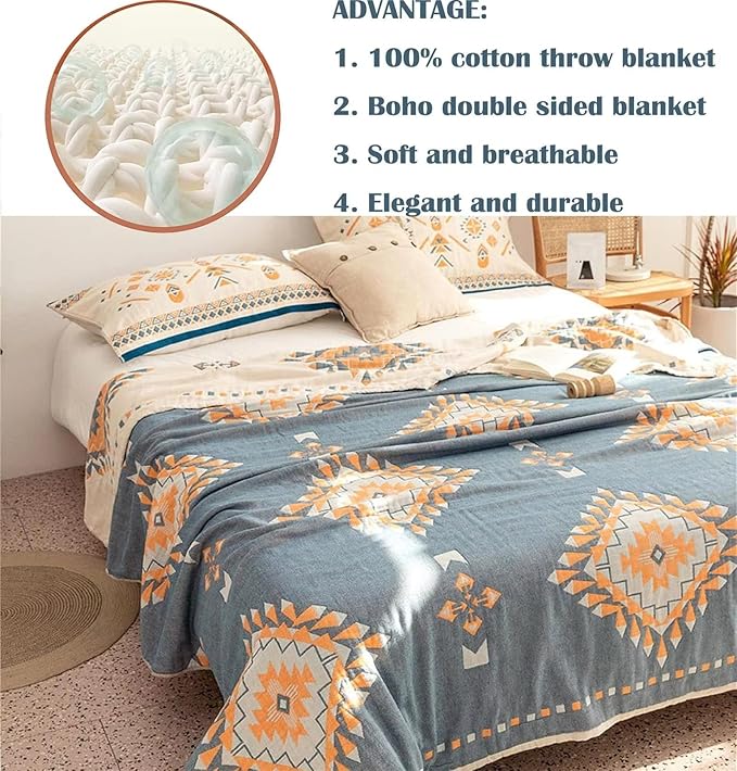 Spring Blankets Cotton Throw Blanket 60''x 80'' Muslin Blanket for Couch Bed Chair,Cozy Soft Bed Cotton Quilted Boho Quilts Blanket Gifts for Women-Ruum Studio Home