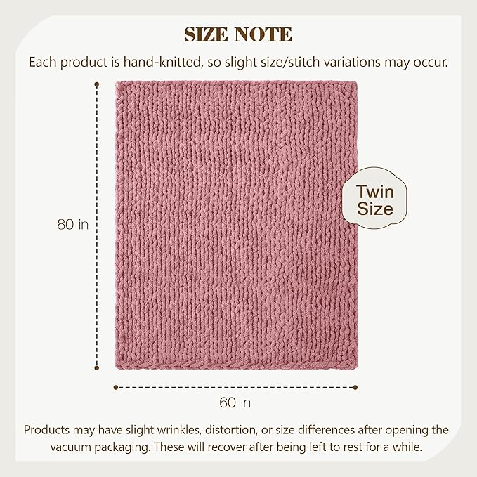 Carriediosa Chunky Knit Throw Blanket 60" X 80" Twin, 100% Hand Made Large Chenille Loop Yarn Soft Fluffy Throws for Couch Sofa Bed, Big Crochet Cozy Heavy Thick Cable Woven Blanket, Mauve-Ruum Studio Home