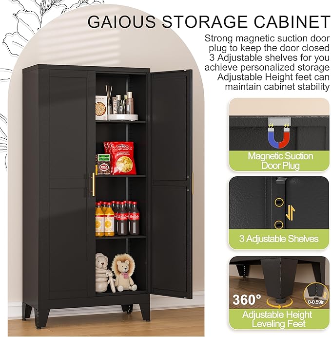Metal Storage Cabinet With 2 Doors and 3 Adjustable Shelves, Black Kitchen Pantry for Food, Utility Cabinet for Laundry Room, Cupboard-Ruum Studio Home