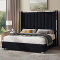 Jocisland King Size Bed Frame with 58" Tall Headboard, Velvet Upholstered Platform Bed with Channel Tufted Wingback Headboard and Plating Trim, No Box Spring Needed, Black-Ruum Studio Home
